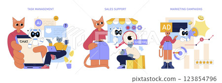 Business processes illustration focusing on task management, sales support, and marketing campaigns. Highlights the use of AI in streamlining operations and enhancing customer engagement. Vector Business processes illustration focusing on task management, sales support, and marketing campaigns. Highlights the use of AI in streamlining operations and enhancing customer engagement. Vector 123854796