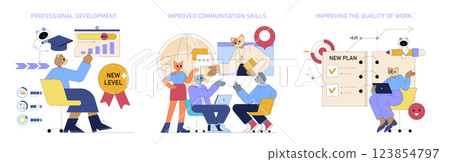 AI integration in the workplace enhances professional growth, communication, and work quality. Visual representation of collaboration and technology shaping modern work environments. Vector 123854797