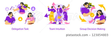 This illustration represents a collaborative process in a team environment, featuring delegation tasks, intuitive teamwork dynamics, and effective group decision-making strategies. It emphasizes 123854803