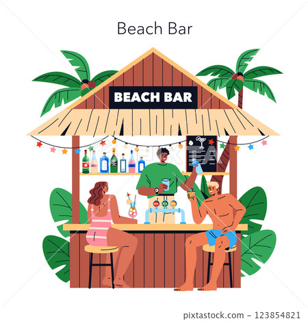 Beach Bar illustration. Enjoying refreshing cocktails and socializing under palm trees at a beach bar. A bartender serves drinks to guests who relax and unwind, capturing the essence of a tropical 123854821