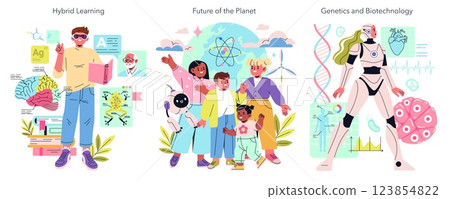 Beta Generation set. Exploration of hybrid learning, future sustainability, and advancements in genetics highlights the integration of technology and health. Engaging representation of young minds in Beta Generation set. Exploration of hybrid learning, future sustainability, and advancements in genetics highlights the integration of technology and health. Engaging representation of young minds in 123854822