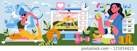 Remote personal training illustration features a blend of fitness, nutrition, and technology, showcasing individuals engaging in workout sessions, meal planning, and monitoring progress from home Remote personal training illustration features a blend of fitness, nutrition, and technology, showcasing individuals engaging in workout sessions, meal planning, and monitoring progress from home 123854823
