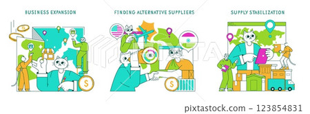 Business Cat vector illustration emphasizes modern business strategies like expansion, sourcing suppliers, and stabilizing supply chains. Engaging activities depict a playful approach to serious 123854831