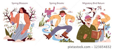 Spring Equinox Day celebration showcases the joy of renewal. It features blossoming flowers, playful brooks, and migratory birds returning, highlighting nature's vibrant transformations. Vector 123854832