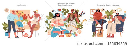 Illustration of various therapists, showcasing art therapy, identity exploration, and creative individual support. Each therapist engages with clients in meaningful ways, promoting mental well-being 123854839