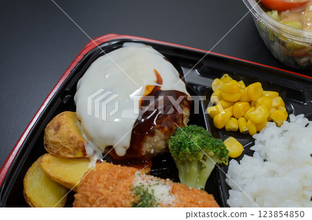 略顯奢華的起司漢堡便當與蔬菜沙拉 略顯奢華的起司漢堡便當與蔬菜沙拉 123854850