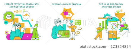 Marketing tools illustration featuring cats assessing customer feedback, establishing loyalty programs, and implementing analytics systems. It highlights strategies for customer retention and data 123854854