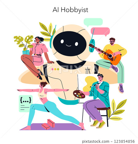 AI hobbyist merges technology with creativity. Various hobbies come to life, showcasing art, music, yoga, and interaction with a friendly robot. A vibrant celebration of personal interests and 123854856