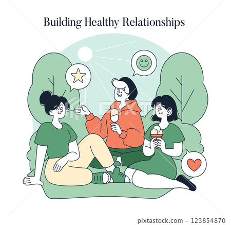 Illustration of friends enjoying ice cream together, sharing laughter and conversation in a serene outdoor setting. Emphasizes the importance of building healthy relationships through connection and 123854870