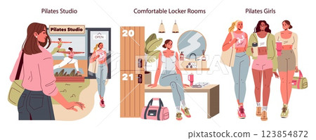 Pilates illustration set. Showcases a dynamic Pilates studio environment alongside comfortable locker rooms where women prepare and socialize. Promotes fitness, community, and well-being. Vector 123854872