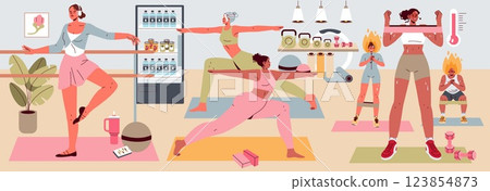 Pilates practice in a modern fitness studio. Women engage in various exercises, highlighting teamwork and individuality. The environment promotes health and wellness through active lifestyles. Vector 123854873