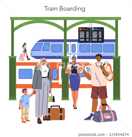 Train Travel scene capturing the boarding process at a train station. Travelers prepare to embark, showcasing a diverse group, luggage, and a train in the background. This environment highlights the 123854874