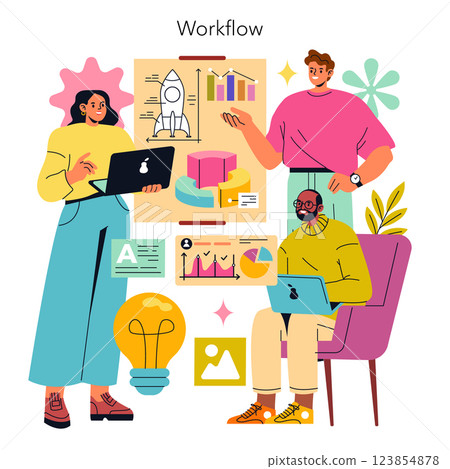 Workflow illustration representing team collaboration and productivity. It features diverse individuals engaging with various tools and charts, showcasing innovative ideas and effective communication Workflow illustration representing team collaboration and productivity. It features diverse individuals engaging with various tools and charts, showcasing innovative ideas and effective communication 123854878