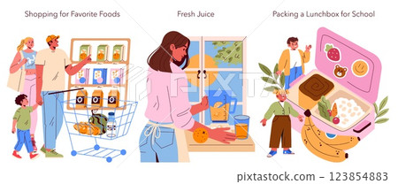 Family breakfast activities illustration. Engaging scenes of shopping for favorite foods, preparing fresh juice, and packing a lunchbox for school. Celebrating family moments and healthy choices 123854883