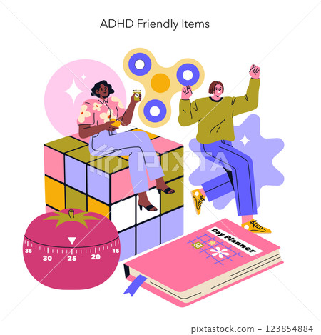 ADHD Friendly Items set. Special tools and activities designed to support focus and engagement. Includes fidget toys, planners, and time management tools, promoting productivity and fun. Vector 123854884