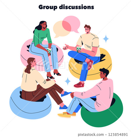 Group discussions are collaborative interactions fostering idea exchange among participants. These meetings enhance creativity and problem-solving through diverse perspectives. Engaging conversations 123854891