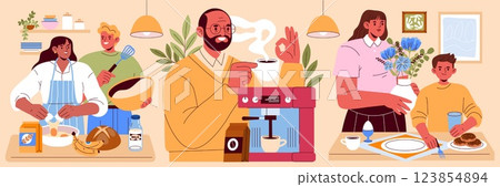 Family breakfast scene with members preparing food and enjoying each other's company. The joyful atmosphere captures the essence of togetherness, sharing meals, and creating memories. Vector 123854894