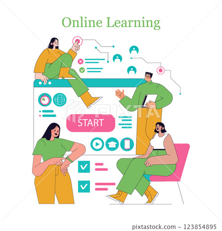 Online learning offers an innovative approach to education, connecting students and resources. Users can engage through various digital platforms, enhancing accessibility and knowledge sharing. Vector 123854895