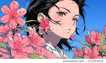 盛開的杜鵑花和年輕女子 123854910