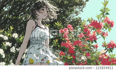 盛開的杜鵑花和年輕女子 123854911
