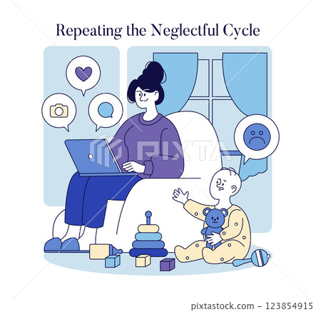 Neglectful parenting illustrated through a mother distracted by technology while her child seeks attention. This situation reflects emotional distance and the impact on child development. Vector 123854915