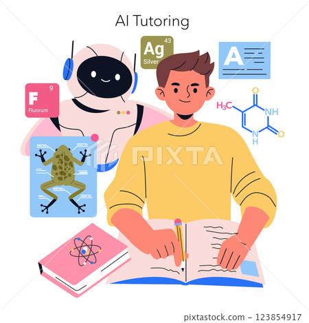 AI tutoring representation featuring a student engaged in study with a friendly robotic assistant. The illustration highlights elements of chemistry, biology, and learning, promoting modern education 123854917