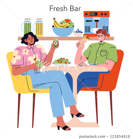 Modern office scene featuring two people enjoying healthy snacks and drinks at a fresh bar. Focus on social interaction and wellness culture in a vibrant workspace atmosphere. Modern office scene featuring two people enjoying healthy snacks and drinks at a fresh bar. Focus on social interaction and wellness culture in a vibrant workspace atmosphere. 123854918