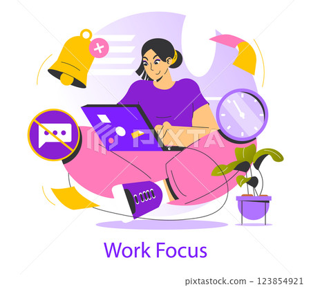 Work focus illustration representing a person engaged in tasks at a laptop. Features include a bell for notifications, a clock for time management, a plant, and symbols for distraction avoidance 123854921