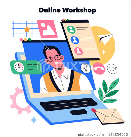 This illustration highlights an online workshop setting, showcasing a presenter engaging with participants through a laptop. Visual elements like chat, calls, and graphics enrich the virtual learning 123854930