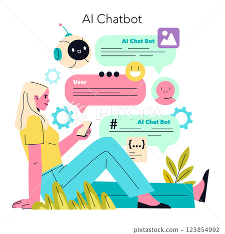 AI Chatbot concept. A person interacts with an AI chatbot, showcasing modern communication. Highlights user interface, social interaction with technology. Engaging and accessible design for tech 123854992