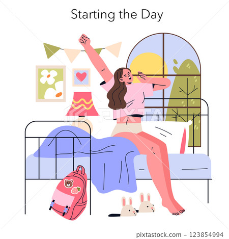Morning routine begins with a cheerful character waking up in a cozy bedroom. Surrounded by bright decor, she stretches and greets the day with enthusiasm. A backpack and playful rabbits add charm 123854994