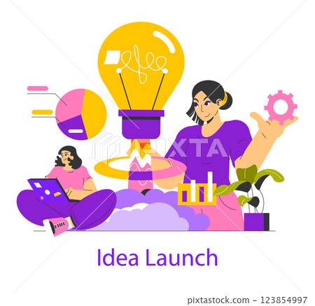 Idea realization process featuring individuals brainstorming and developing innovative concepts. Elements of creativity, strategy, and teamwork come together to visualize the journey from ideas to Idea realization process featuring individuals brainstorming and developing innovative concepts. Elements of creativity, strategy, and teamwork come together to visualize the journey from ideas to 123854997