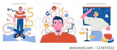 FOBO concept. Illustration about anxiety, confusion, and difficulty experienced during choice-making processes, inner doubts, emotional balance, and problem-solving situations. Vector illustration FOBO concept. Illustration about anxiety, confusion, and difficulty experienced during choice-making processes, inner doubts, emotional balance, and problem-solving situations. Vector illustration 123855022