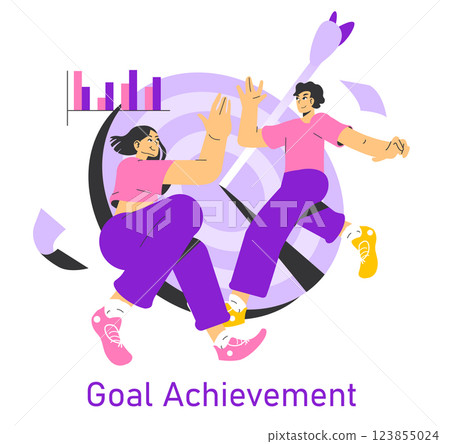 Goal Achievement concept. Celebrating success through teamwork and personal endeavors. Individuals are shown joyfully pursuing objectives with visual elements symbolizing progress and goals. Vector Goal Achievement concept. Celebrating success through teamwork and personal endeavors. Individuals are shown joyfully pursuing objectives with visual elements symbolizing progress and goals. Vector 123855024