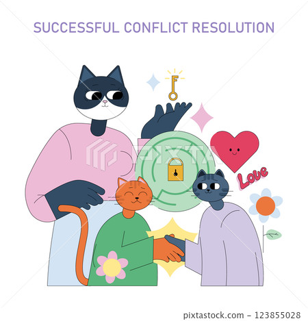Successful conflict resolution through understanding and cooperation. This illustration demonstrates two cats shaking hands, supported by a guiding presence, promoting harmony and love amidst 123855028