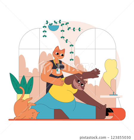 Fitness illustration featuring a supportive feline instructor helping a bear stretch during a home workout. Trainee relaxed, with pets nearby, showing a cozy and encouraging exercise environment. Fitness illustration featuring a supportive feline instructor helping a bear stretch during a home workout. Trainee relaxed, with pets nearby, showing a cozy and encouraging exercise environment. 123855030