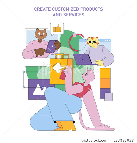 This illustration showcases individuals engaged in product marketing by creating customized products and services. It emphasizes teamwork and technology in a colorful, dynamic setting. 123855038