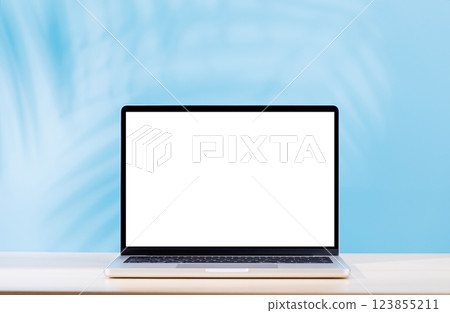 Laptop with a blank screen placed on a table 123855211