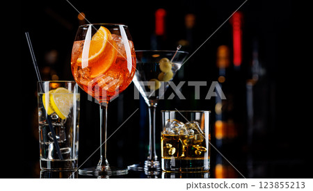 Various cocktails on a bar table 123855213