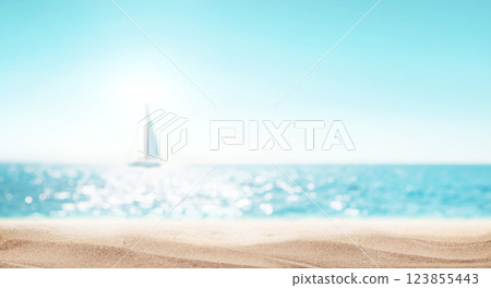 A serene seaside view with sailboat gently gliding on the horizon A serene seaside view with sailboat gently gliding on the horizon 123855443