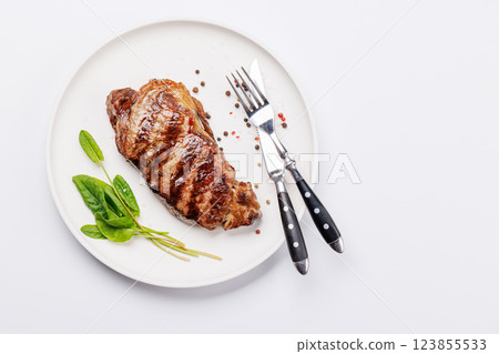 A perfectly cooked striploin steak with a juicy, tender texture A perfectly cooked striploin steak with a juicy, tender texture 123855533
