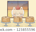 A cat looking at three chiffon cakes through a window 123855596