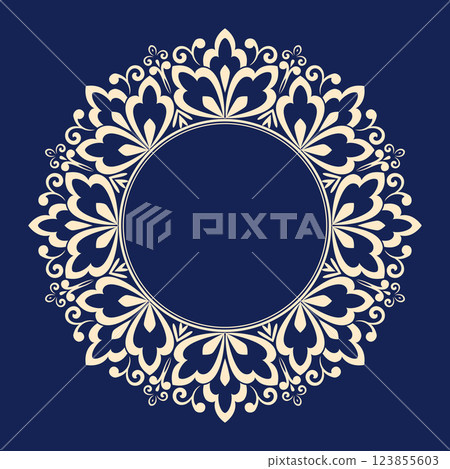 Decorative frame Elegant vector element for design in Eastern style, place for text. Floral golden and dark blue border. Lace illustration for invitations and greeting cards 123855603