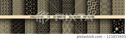 Geometric set of seamless black and golden patterns. Simple vector graphics Geometric set of seamless black and golden patterns. Simple vector graphics 123855605