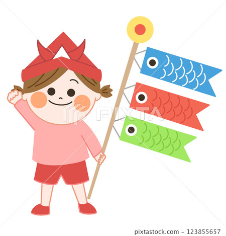 A smiling girl wearing a carp streamer and a helmet. A warm and friendly touch. A smiling girl wearing a carp streamer and a helmet. A warm and friendly touch. 123855657