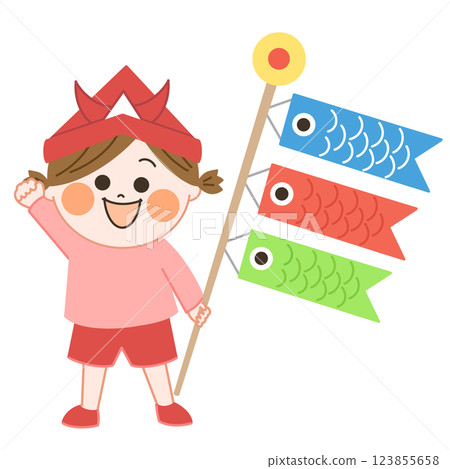 A warm and friendly illustration of a smiling girl wearing a carp streamer and a helmet. 123855658