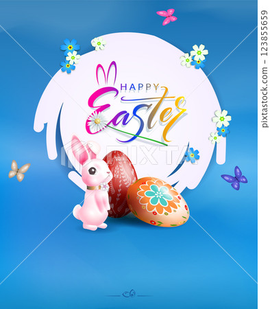 Easter illustration with round frame, cute bunny and eggs Easter illustration with round frame, cute bunny and eggs 123855659