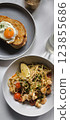 Shrimp pasta and croque madame 123855686