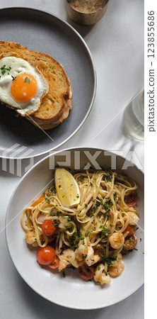 Shrimp pasta and croque madame Shrimp pasta and croque madame 123855686