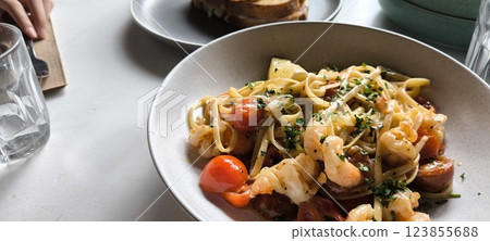 Shrimp pasta and croque madame Shrimp pasta and croque madame 123855688